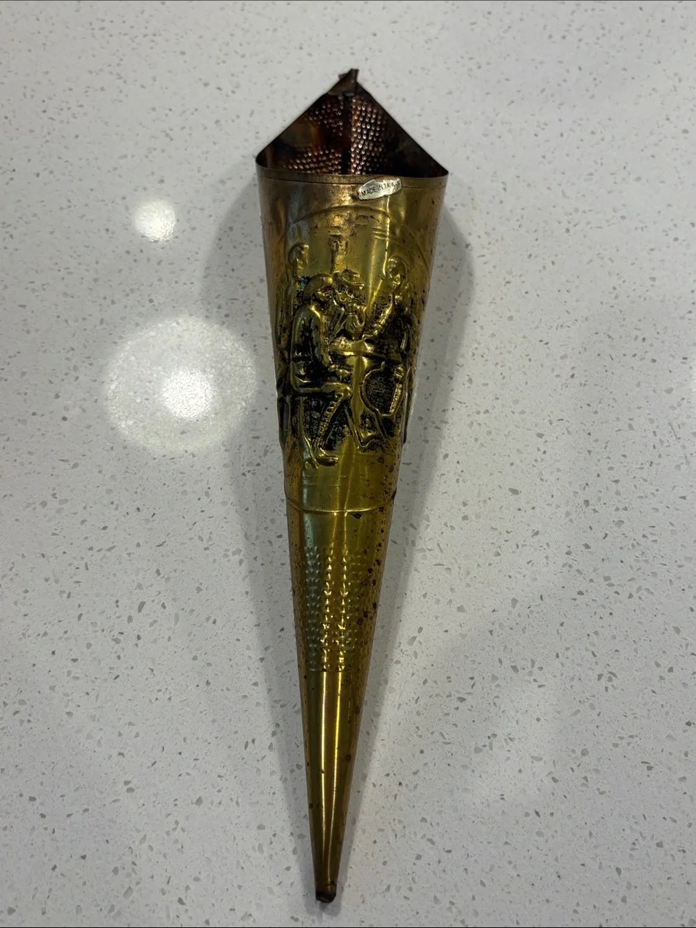 Vintage Brass Cone Match Holder Wall Pocket Pub Scene Fireplace Spill Holder